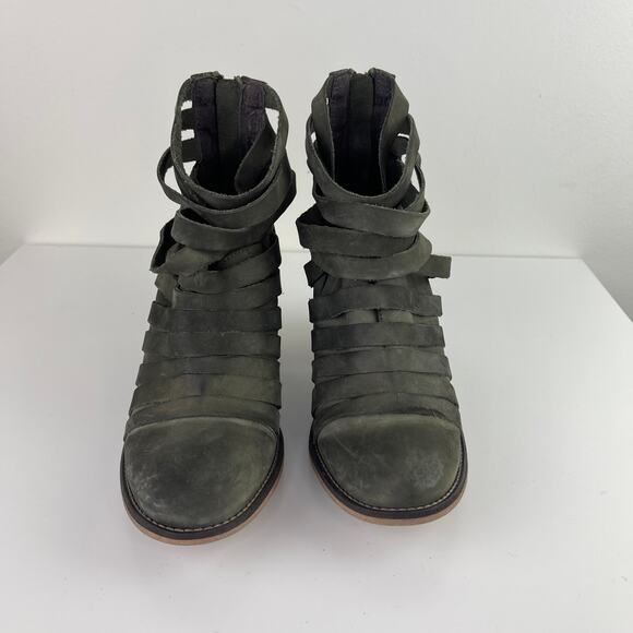 Free People Hybrid Gray Green Leather Strappy Ankle Boots Wood Heel 38 7.5/8 - Picture 5 of 8